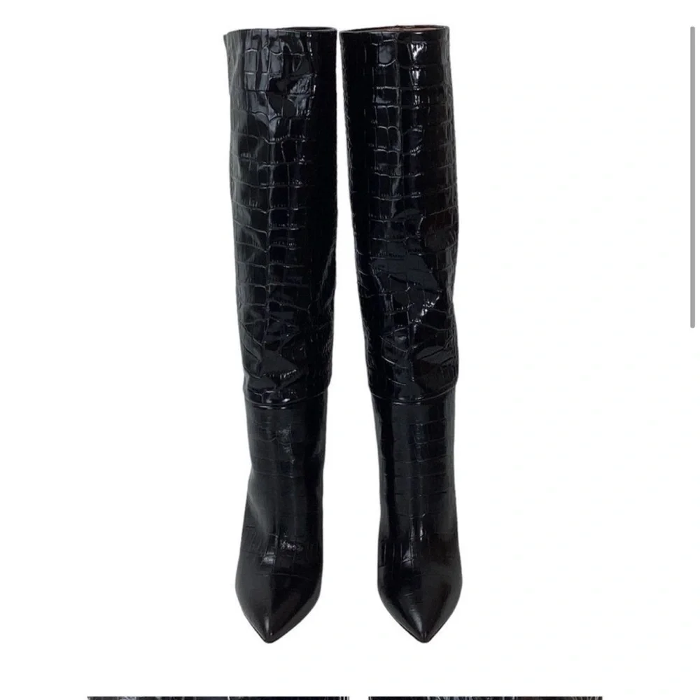 PARIS TEXAS Size 37.5 Embossed Crocodile Stiletto Boots Croco Black Leather Heel - Picture 4 of 9